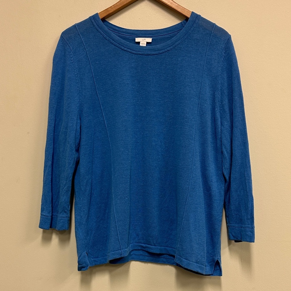 J. Jill Linen Cotton Blend Blue Crew Neck 3/4 Sleeve Sweater